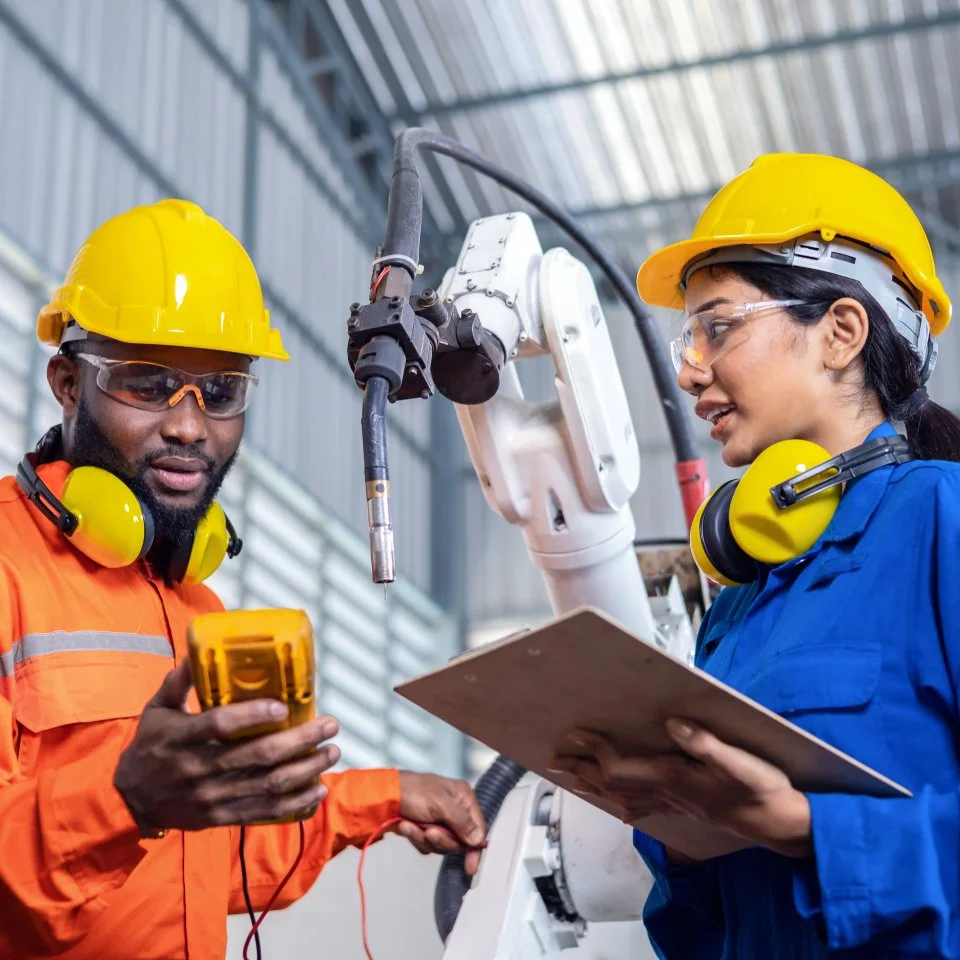 Black man in orange safety vest observes a sensor as a colleague in blue uniform looks on with a clipboard and a mechanical arm is in the background